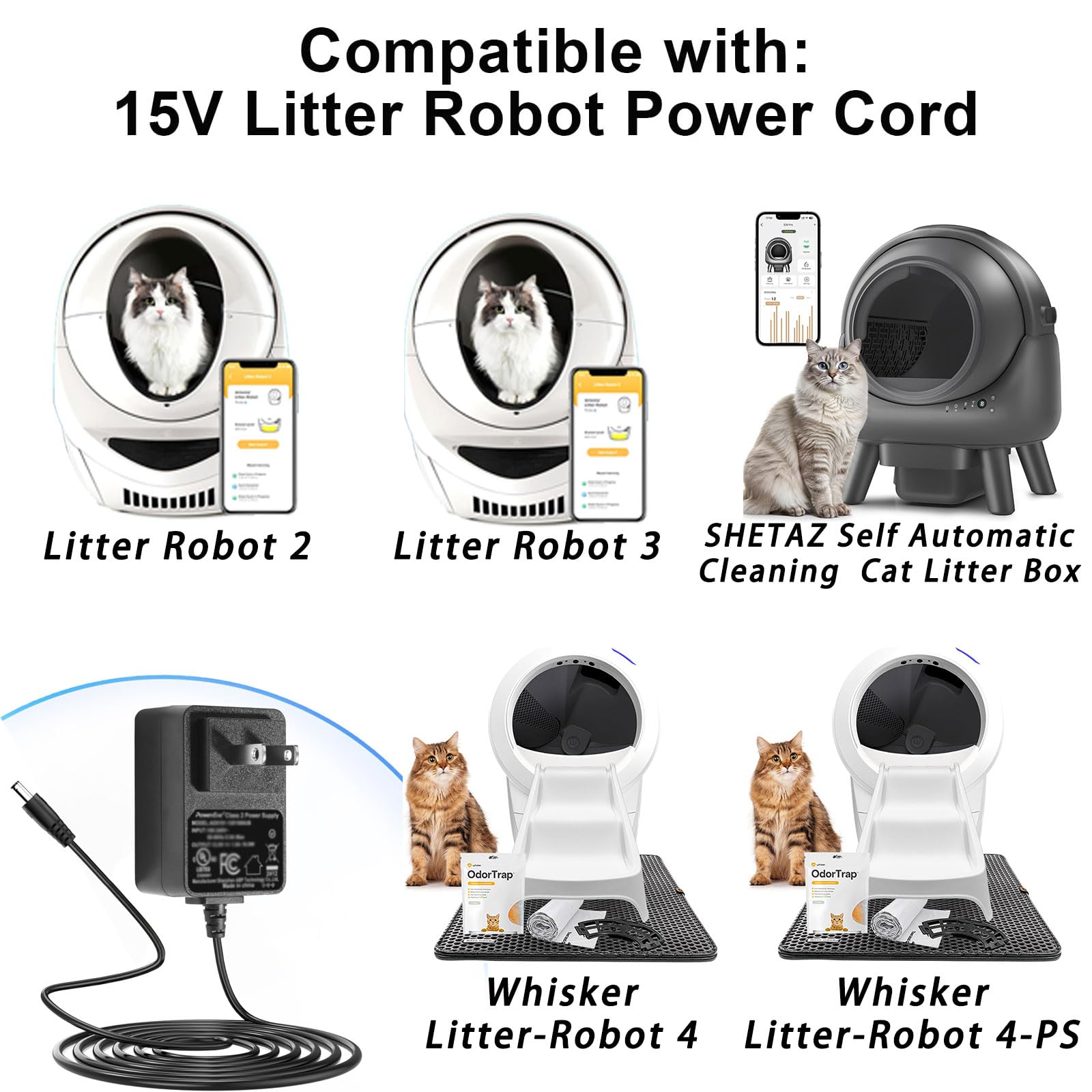 Adattatore di alimentazione 15 V 1 A, compatibile con lettiera Robot2 3 4 Open Air autopulente per gatti, alimentatore per robot lettiera, cavo di alimentazione per robot lettiera, cavo di