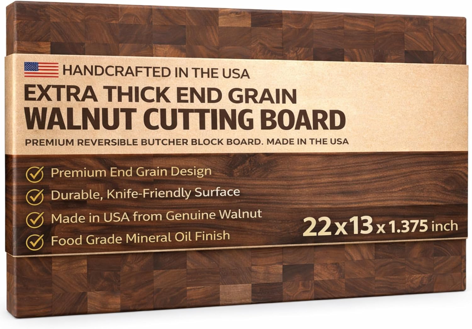 Handcrafted End Grain Walnut Chopping Block, Reversible Butcher Block Cutting Board, Made in USA, Heavy Duty Wooden Chopping Board for Meat, Butcher, Kitchen (22x13 inch)