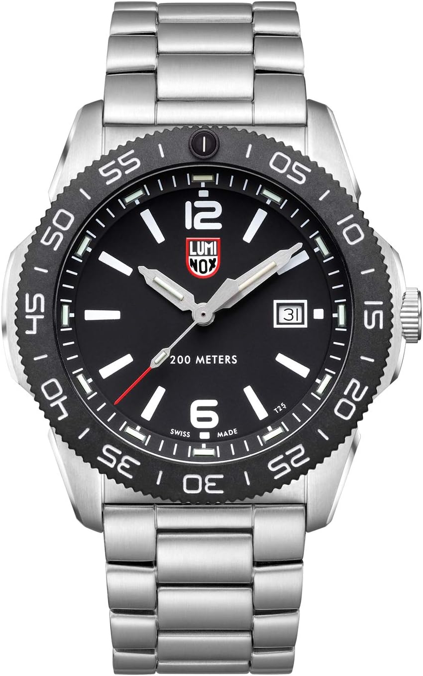 Pacific Diver XS.3122 Mens Watch 44mm - Dive Watch in Silver/Black Date Function 200m Water Resistant Sapphire Glass, Black, Bracelet