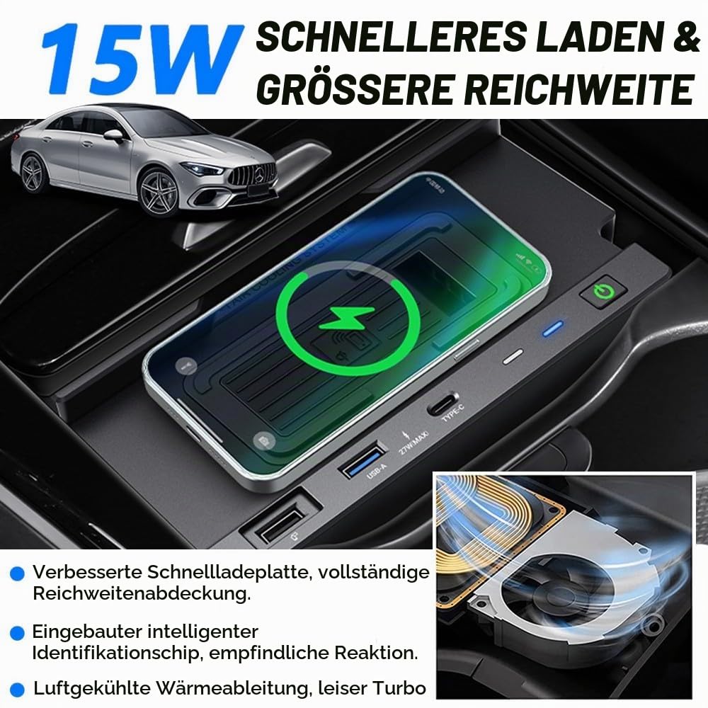 Kabelloses Ladegerät Auto für Mercedes-Benz A-Class GLA-Class AMG B-Class GLB-Class CLA-Class 2020-2023 15W Schnellladendes Handy-Ladegerät für Mercedes-Benz W177 H247 C118 W247 X247 Zubehör