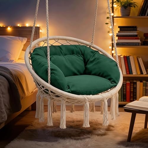 Miniatura 7 de MoNiBloom Silla Colgante de Hamaca con Cojín Verde Oscuro, Silla de Macramé para Porche, Sillas Colgantes, Capacidad Máxima de 350 Lbs para Adultos