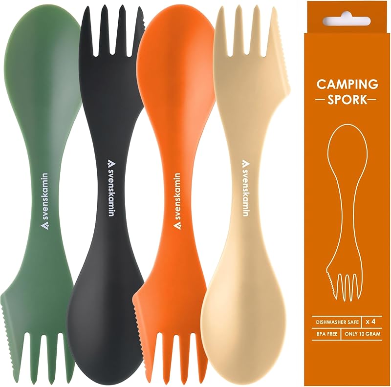 Juego de 4 tenedores reutilizables para acampar, tenedores de viaje 3 en 1, utensilios ligeros y duraderos y cubiertos para portón trasero, al aire libre, senderismo, picnic, lonchera, combo de cuchillo, cuchara y tenedor de plástico ecológico
