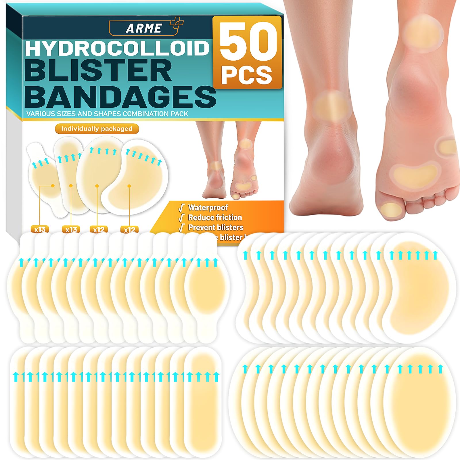 Arme Hydrokolloid-Bandagen, 50 Stück, Gel-Blister-Bandagen für Füße, wasserdichte Blasenkissen, Blasenkissen zur Vorbeugung und Erholung, Blasenbandaids für Ferse, Fuß, Zehenschutz (4 Formen)