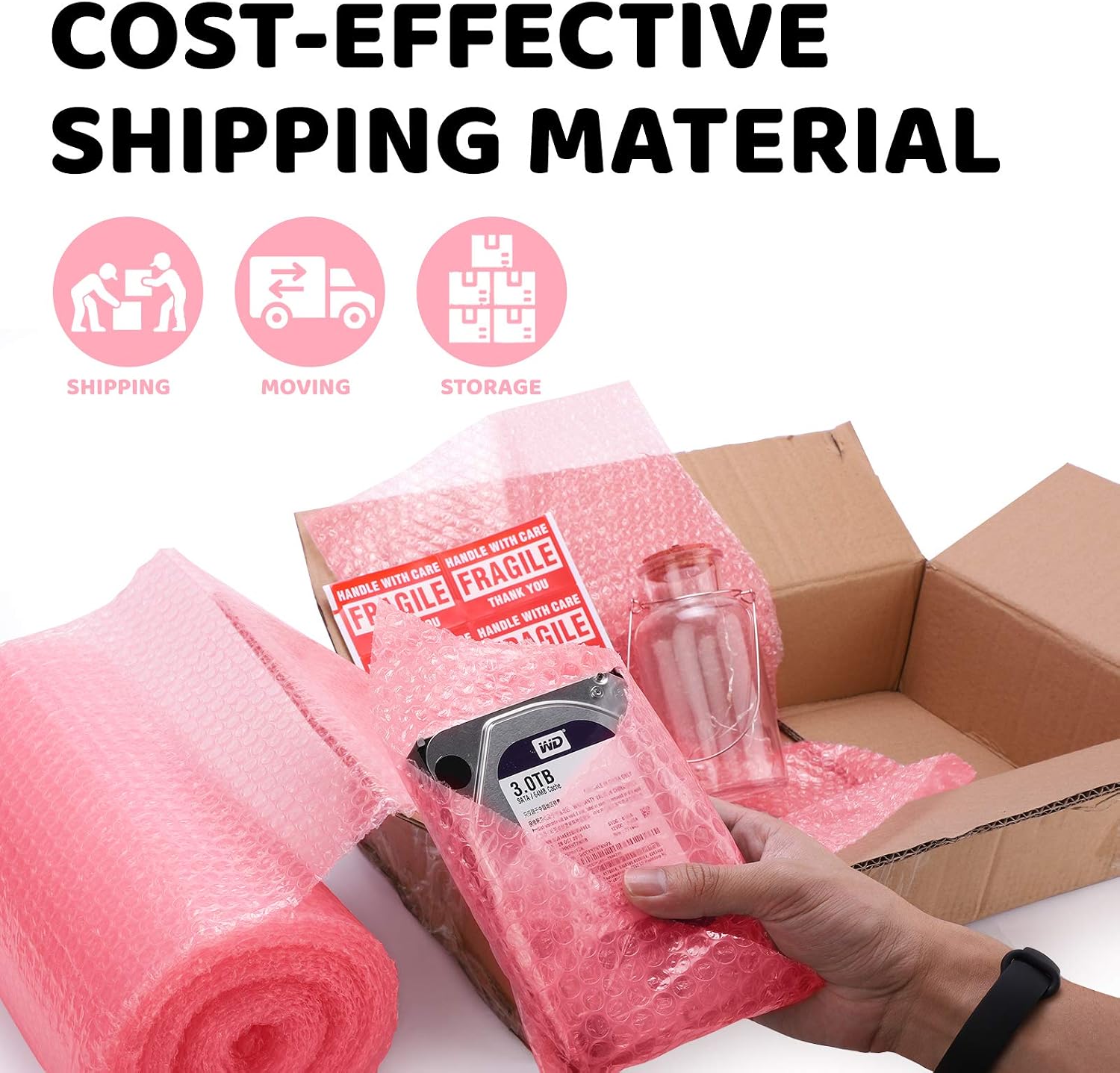 Metronic 2-Pack Bubble Cushioning Wrap for Packing, 12"x72Ft, 3/16" Air Bubble Cushion Wrap Pouches Rolls Perforated Every 12", Pink Bubble Packing Wrap for Moving, Including 20 Fragile Sticker Labels