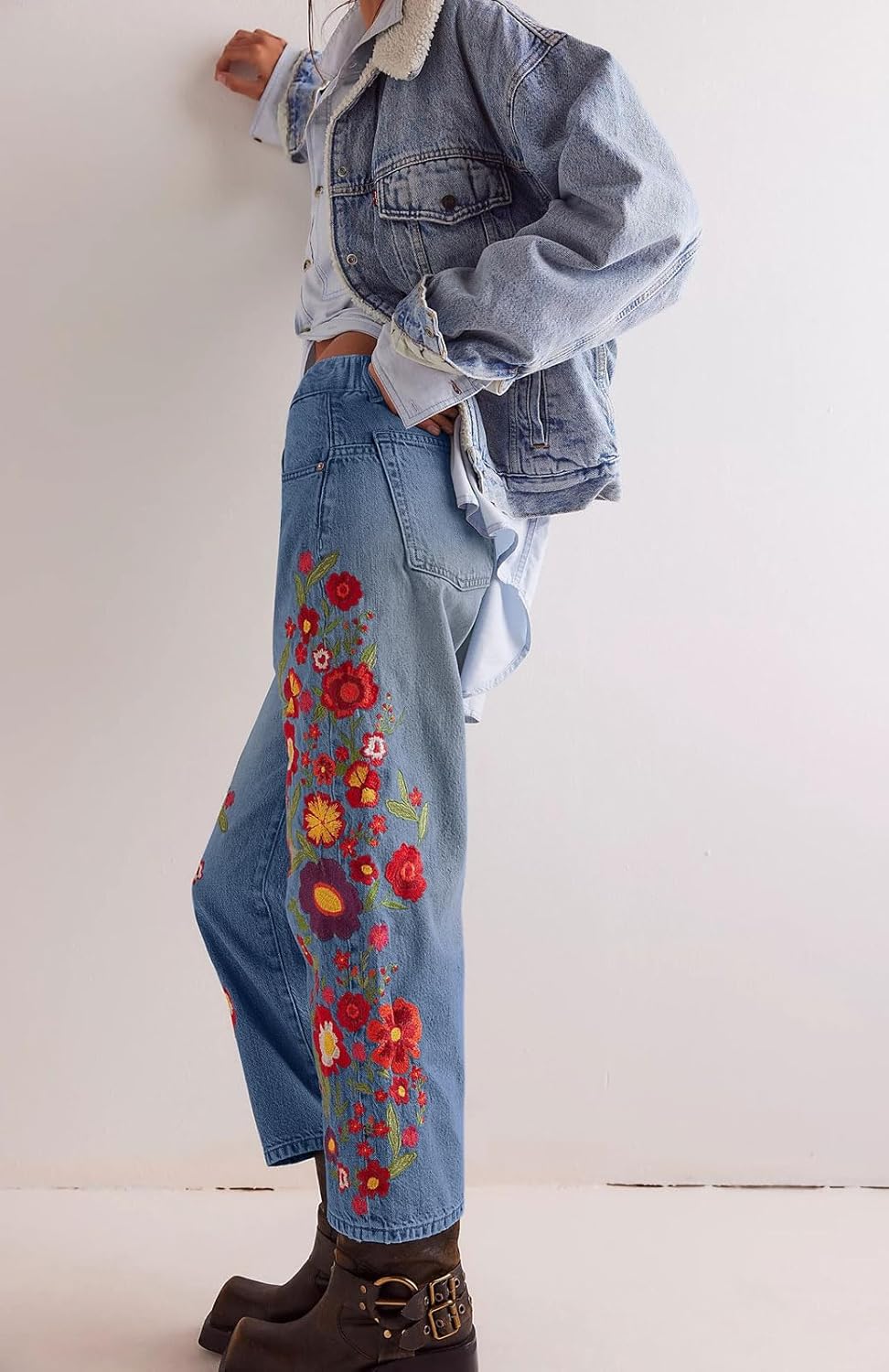 loveimgs Women Baggy Jeans Y2k Floral Embroidered Crop Denim Pants Wide Leg Mid Rise Jeans Cowgirl Sweatpants Trouser Pockets