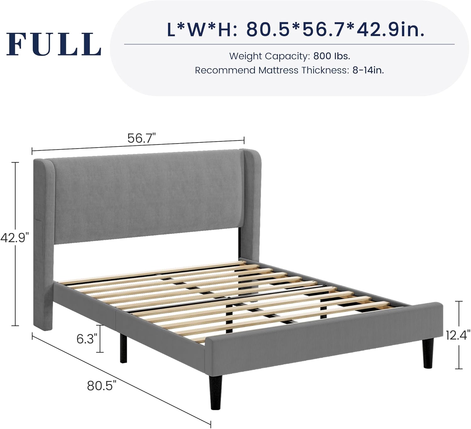 Full Bed Frame, Platform Bed Frame with Upholstered Wingback Headboard, Heavy-Duty Frame Support, Noise-Free, Easy Assembly, No Box Spring Needed, Light Gray