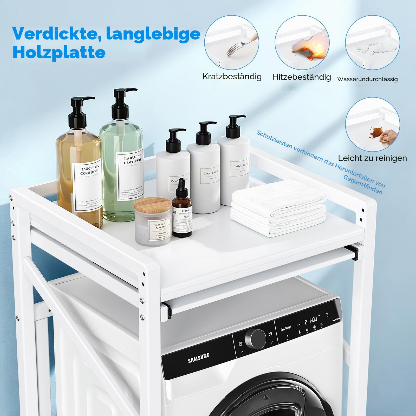 Regal über waschmaschine,Waschmaschinenregal mit Ausziehbarem Wäscheständer,TragfäHigkeit 350 Kg 2 HöHenverstellbar,Waschmaschinenschrank 74 * 64 * 113.5cm (White With Drawers)