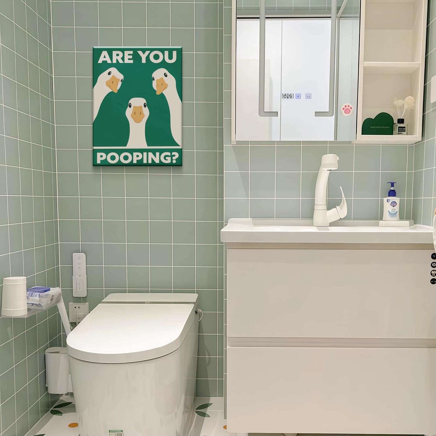 Framed Funny Goose Bathroom Wall Art - "Are You Pooping?" Sign Picture Farmhouse Vintage Bathroom Decor Humor Animal Print Poster Retro Gothic Decor for Apartment or House 12x16 inch Ready to Hang