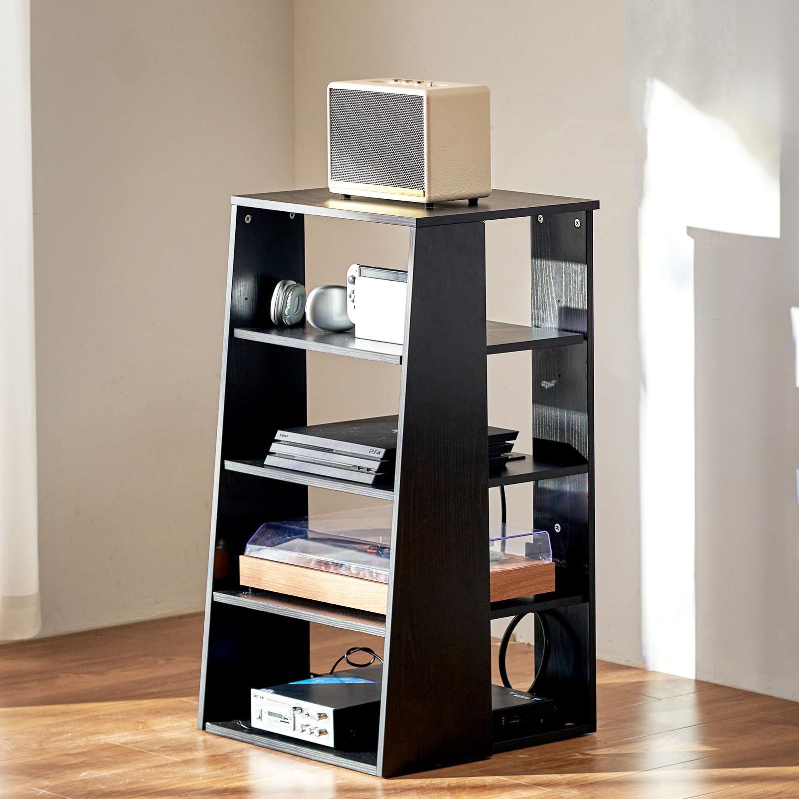 VEVOR Meuble Audio Visuel 5 Niveaux, Étagère Multimédia en Bois, Support Multimédia avec Hauteur Réglable, pour Lecteurs DVD/Décodeurs de Câbles/Consoles de Jeux, Salle d'Enregistrement, Noir