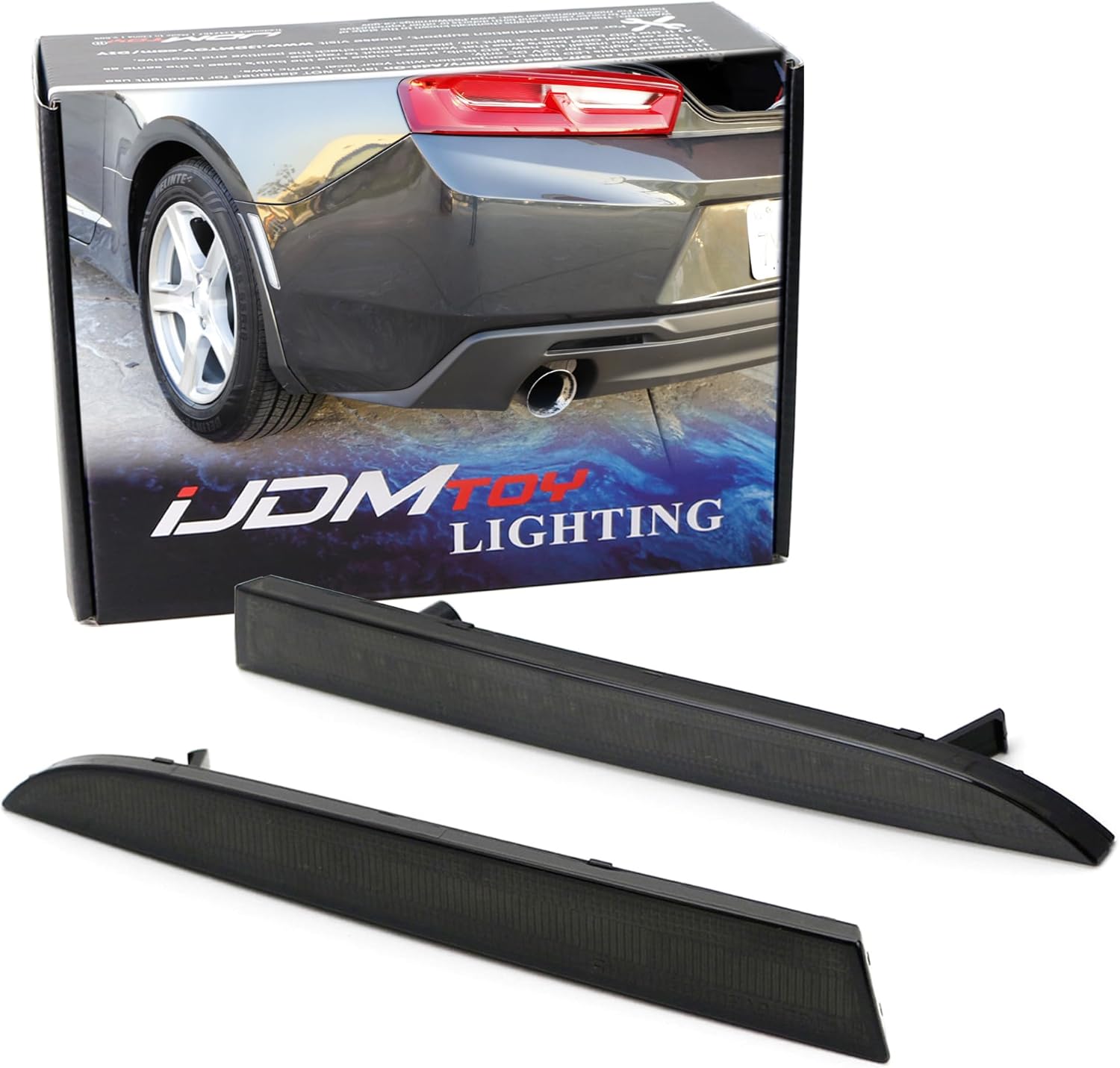 iJDMTOY Black Smoked Lens Rear Bumper Reflector Lenses Compatible With 2016-up Chevrolet Camaro, OE-Spec LH RH Assembly