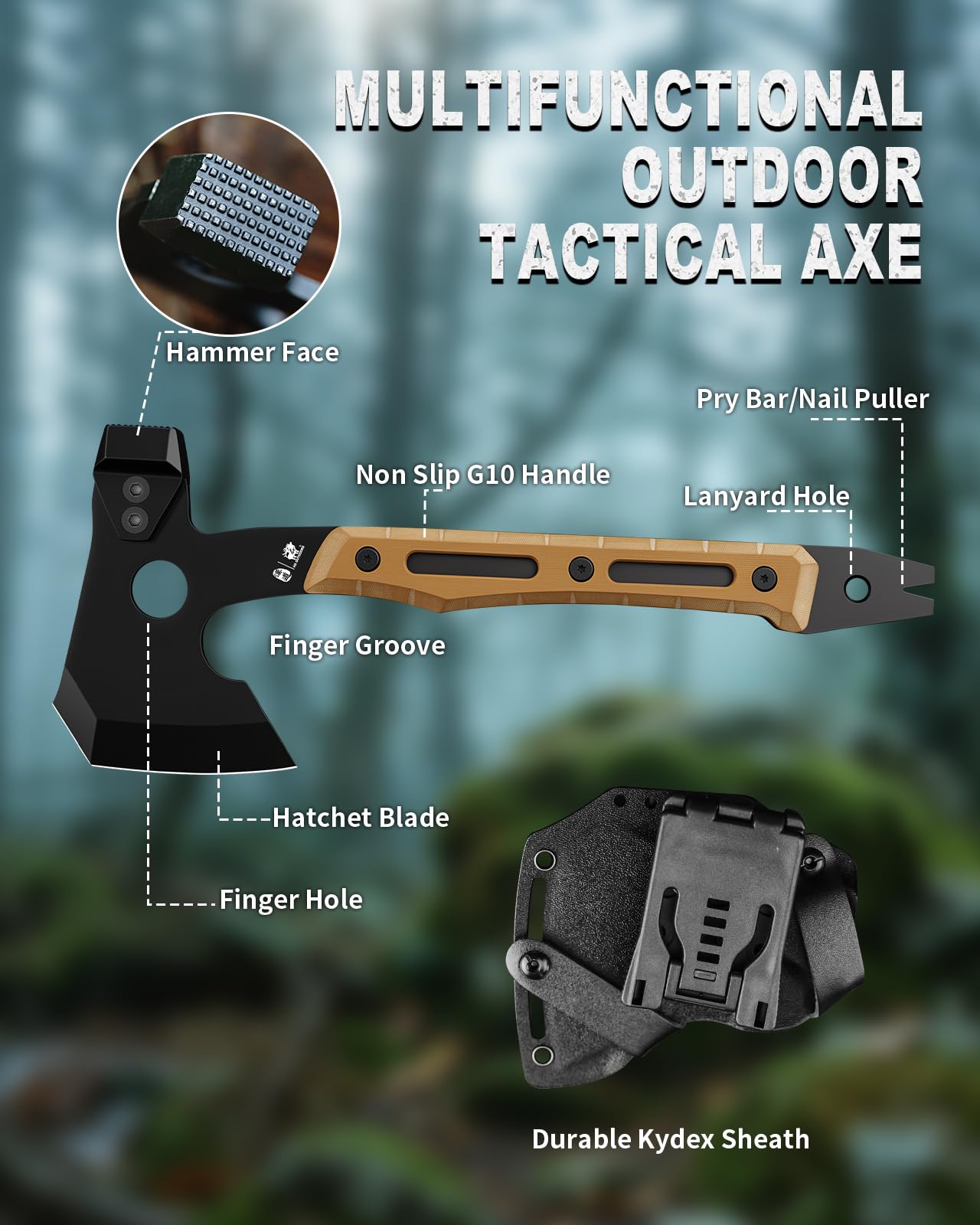 HX OUTDOORS Accetta Multifunzionale, Accetta Tattica da Sopravvivenza con Rivestimento in Titanio Nero per Campeggio e Bushcraft, Dotata di Martello e Estrattore per Chiodi (Marrone)