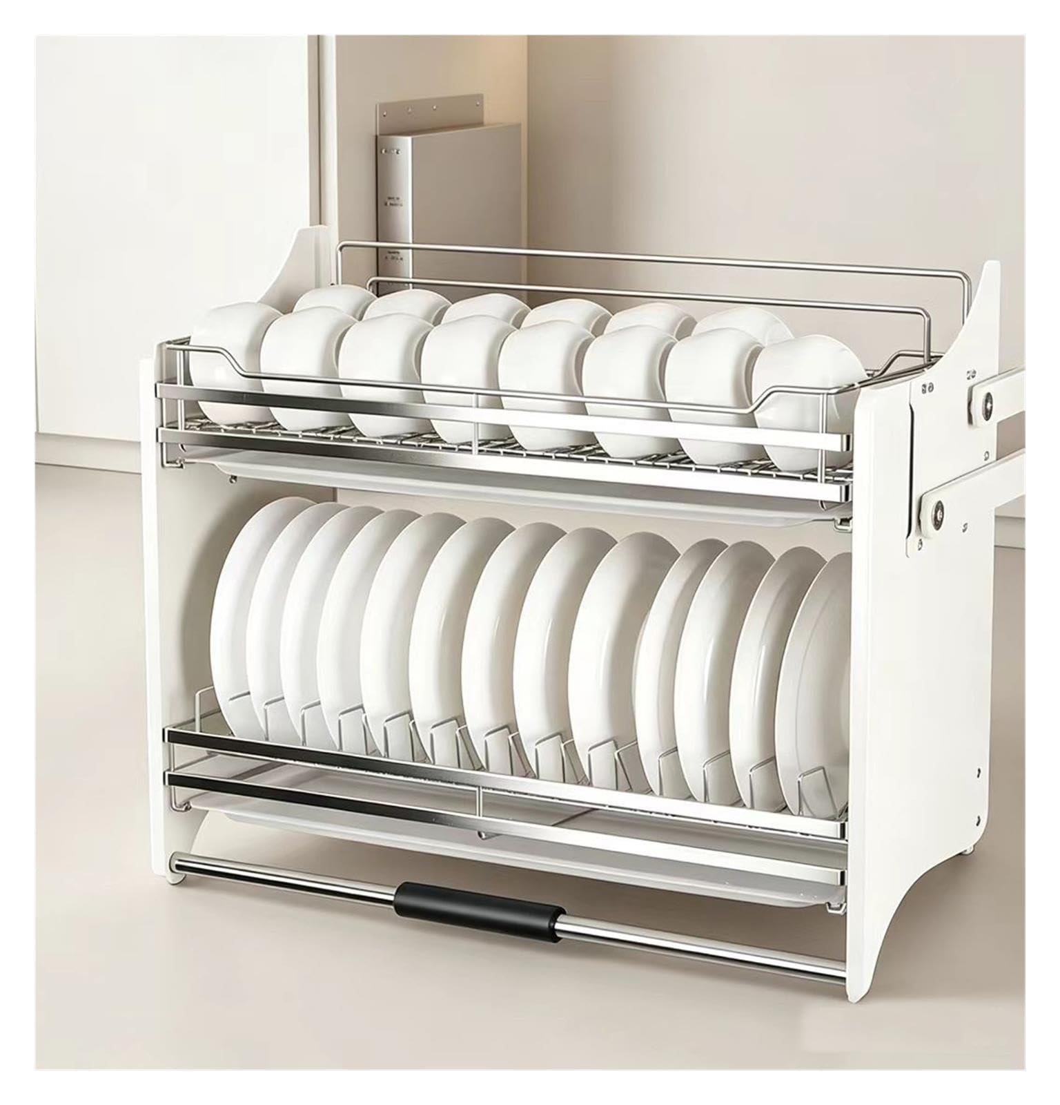 Organizzatore a 2 ripiani estraibile, in acciaio inox 304, per armadietti superiori, mensola da cucina, cestino sollevabile (76,4 x 28,5 x 56 cm)