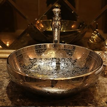 Bathroom Vessel Sink Bowl Basin Vintage Style Handmade Ceramic Bathroom Vessel Vanity Sink Luxurious Embossed Silver Artistic Art Basin Lavatory Above Counter Vanity Sink