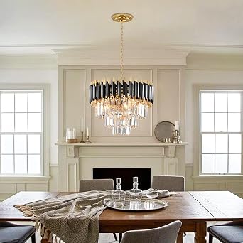 Modern Crystal ChandeliersCrystal Pendant Light Fixture 3-Tier Gold Black Chandelier Ceiling Light for Dining Room Living Room E14 * 5 Bulb (Excluding Bulbs) [Energy Class B]