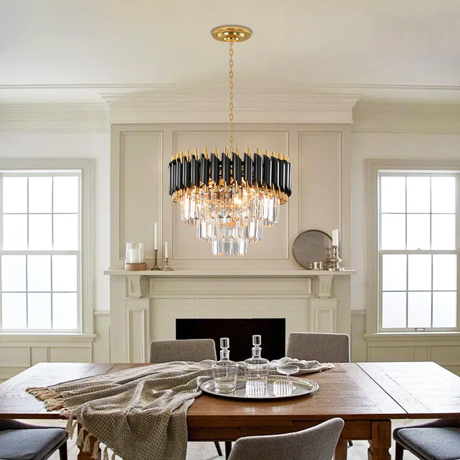 AHXIAOZN Lampadario Moderno di Cristallo, 15.7 '' Nero e Oro di Cristallo Lampada a Sospensione, 3-Tier Lampadario, Lampadari Rotondi Per Sala Da Pranzo, Soggiorno, E14 x 5 Luci