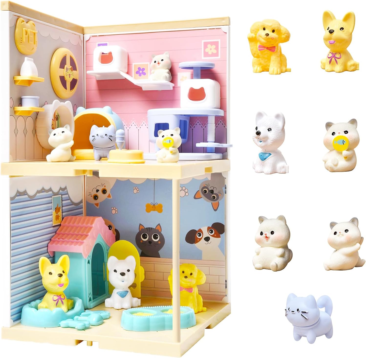 SenZjxCat and Dog Pretend Playset for Kids, 48Pcs Pet Figurines Toys, Puppy Pretend Play Toys, Building Pet Dollhouse for Boys and Girls
