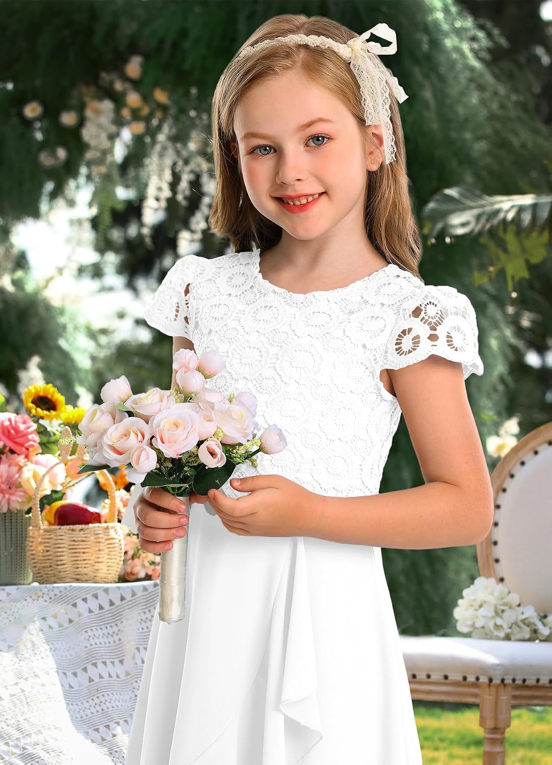 HOSIKA Girls Vintage Lace Chiffon Ruffle Sleeve A-Line Wedding Party Junior Bridesmaid Dress for Kids 6-12 Years