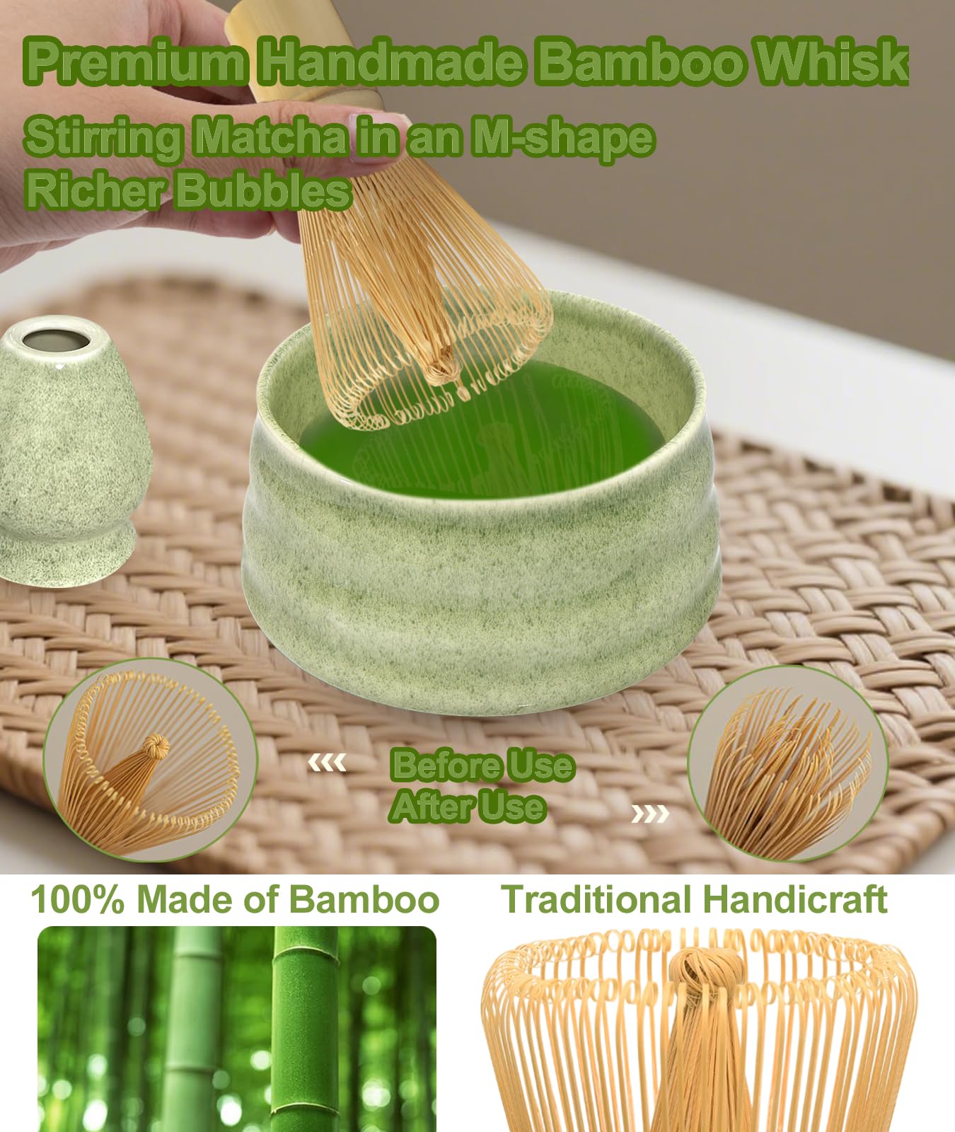 JBER Matcha Kit 7 Pièces - Fouet En Bambou Pour Matcha, Bol à Matcha à Buse, Support Pour Fouet, Tamis à Matcha, Cuiller Et Support, Kit De Thé Japonais Pour Amoureux Du
