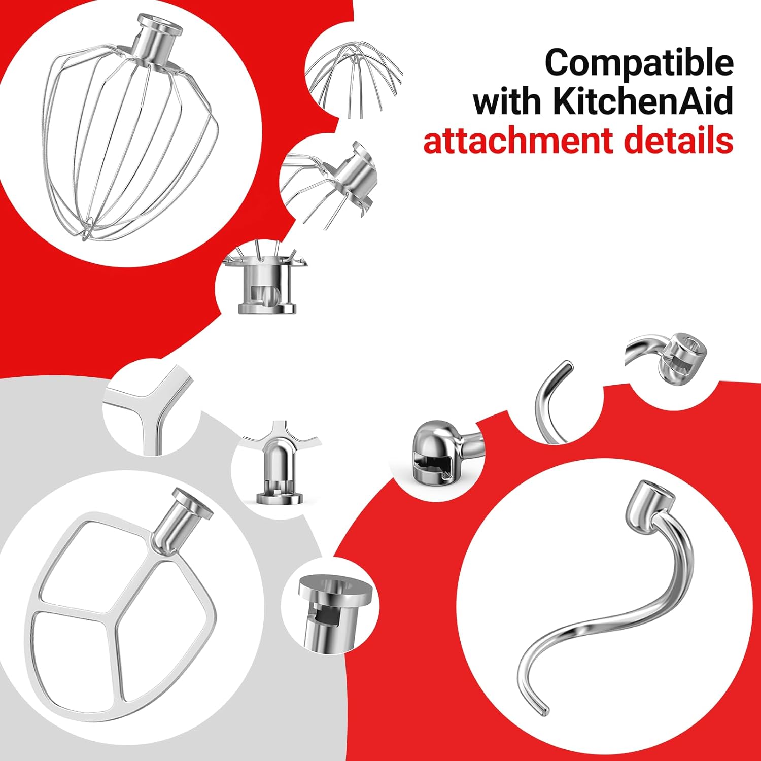 Stainless Steel Kitchen Mixers Accessories Compatible with Kitchen Aid Mixer and 5.5-6 Qt Bowl. KN256 6-Wire Whip, 5.5-6QT Flat Beater, 6QT Dough Hook Attachment Dishwasher safe