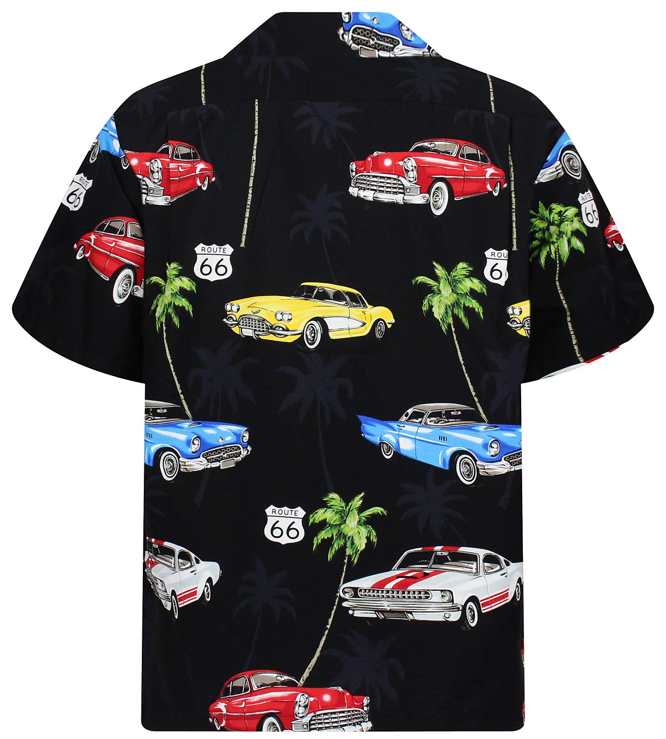 P.L.A. Pacific Legend | Original Hawaiihemd | Herren | S - 4XL | Kurzarm | Front-Tasche | Hawaii-Print | Route 66 Auto Palmen | Schwarz