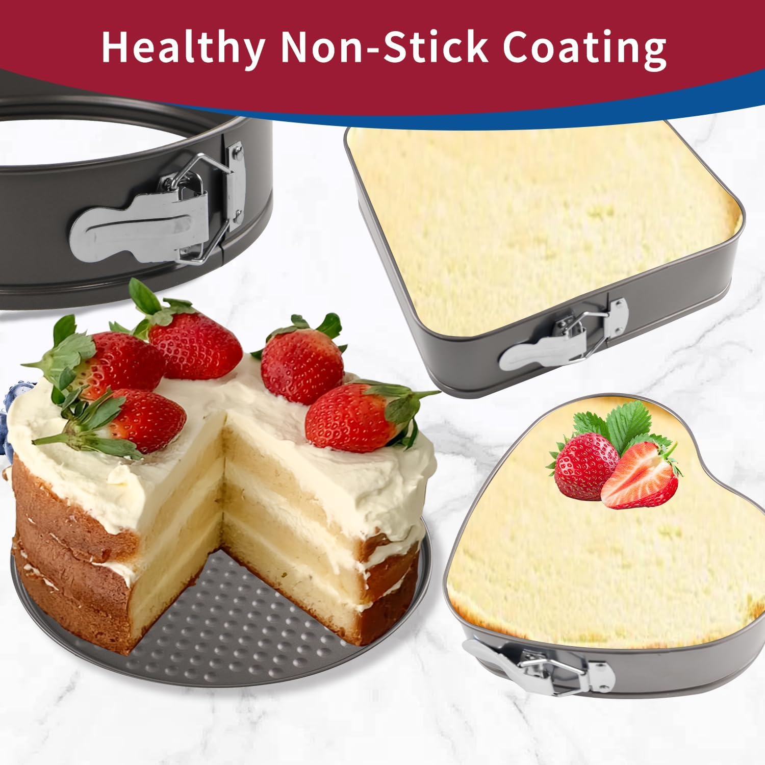 Springform Cake Pans Set 8, 9,10 Inch Heart Pan Round Cake Pan Square Baking Nonstick Cheesecake Pans Springform Pans with 100 Pcs Piping Bags, 16 Pcs Nozzles, 3 Pcs Scrappers