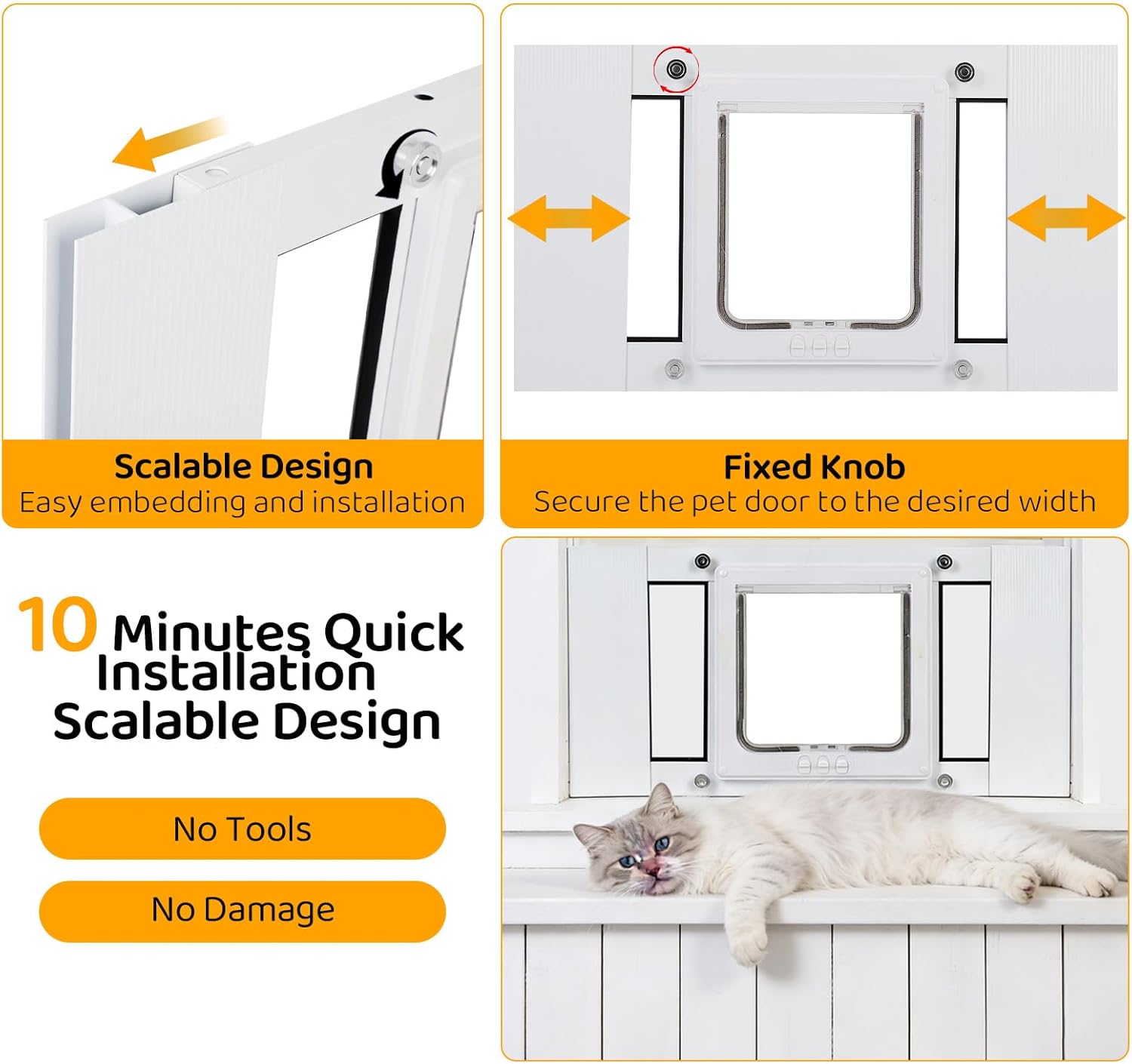 Cat Door for Window, Adjustable Width Fits 31"-36", Quick-Fit Cat Door Window Insert, Aluminum Frame with Tight Seal & Magnetic Closure, 4 Locking Modes for Pet Access Control