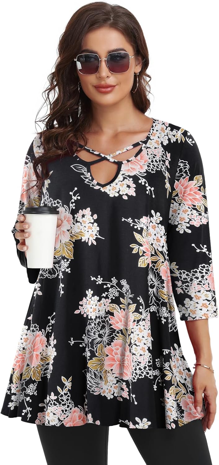 LARACE Plus Size Tops for Women V Neck 3/4 Sleeve Tunic Criss Cross Dress Shirts Casual Fall Blouse for Leggings - Image 2