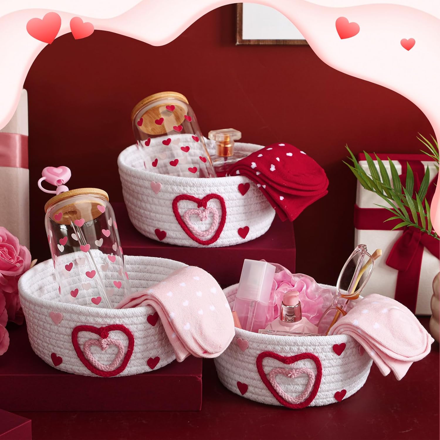 Meanplan 3 Pcs Galentine's Day Gifts Heart Baskets, Red Pink Heart Woven Cotton Rope Basket Stuffers Storage for Best Friend Valentine's Day Birthday Gifts, 7.09 x 7.09 x 3.15 Inch