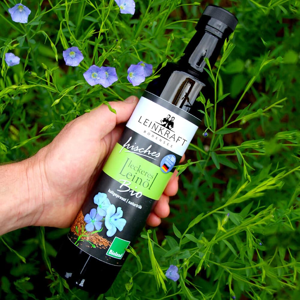 Leckeres Bio-Leinöl 500ml frisch gepresst 100% deutsche Leinsaat - Omega 3 reich mit Lignanen - direkt ungefiltert abgefüllt - Leinsamenöl in Bioland Rohkostqualität