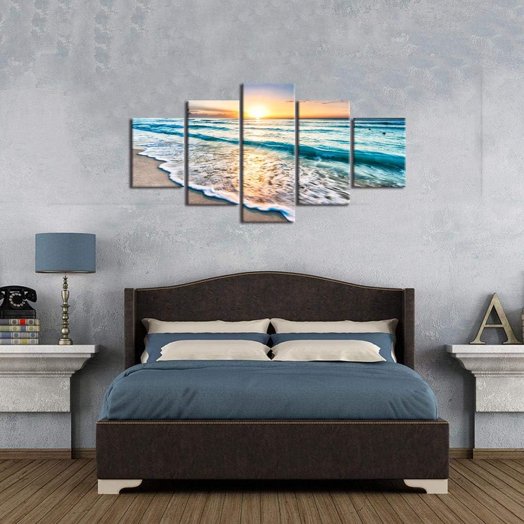 Flаѕh Dеаlѕ - 80% оƒƒ 5 PCS Canvas Blue Ocean Sunrise Artwork Modern Painting,Seascape Beach HD Prints Pictures Giclee Multi Panel Wall Art for Living Room Home Decor Wooden Framed Stretched Ready to Hang(60''W x 32''H)