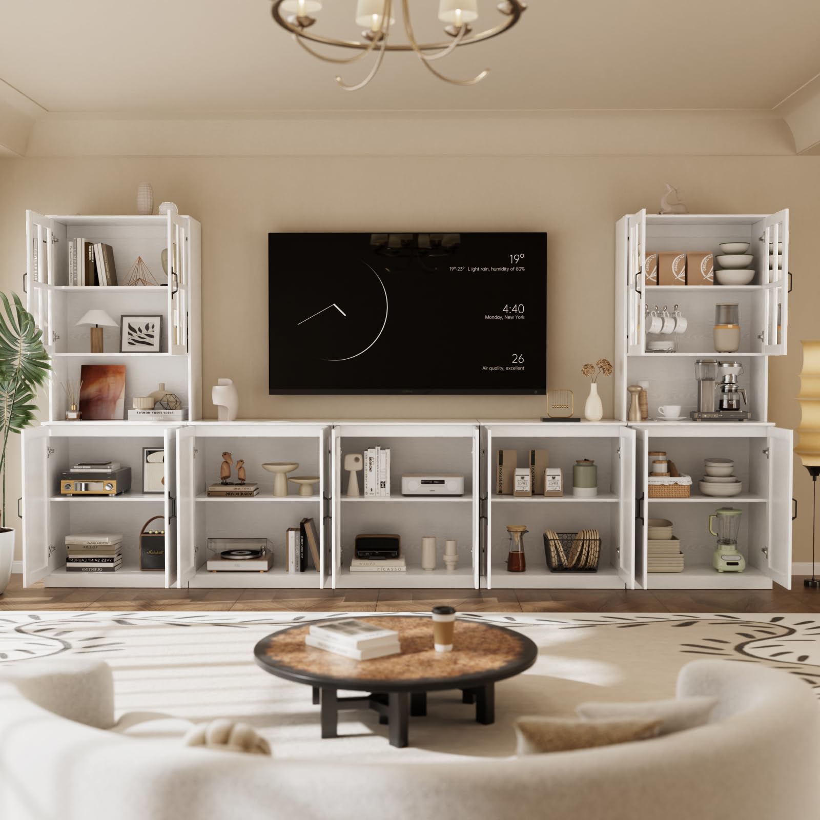 VOWNER Modularer 5PSC TV-Schrank, Fernsehschrank mit Glastüren & Bücherregalen für TV bis 75 Zoll, TV Ständer, Wohnzimmerschrank mit Kontrollfläche, 300 x 180 x 40 cm, weiß (5PCS)