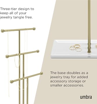 Umbra Trigem Jewelry Stand, Tiered Necklace Holder, Steel, White/Gold