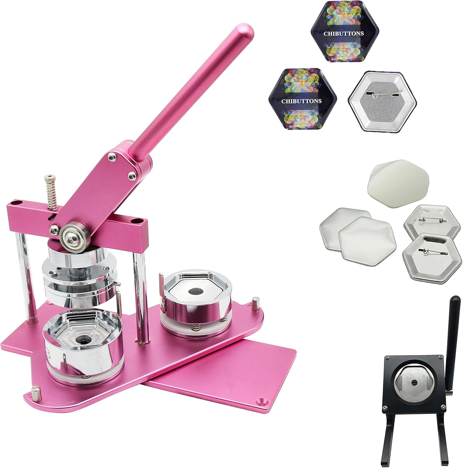 ChiButtons (KIT) Hexagonal 65x58mm Pro Badge Machine Button Maker-B400 + Mould + 100 Parts + Black Stand Cutter Metric System (Black)