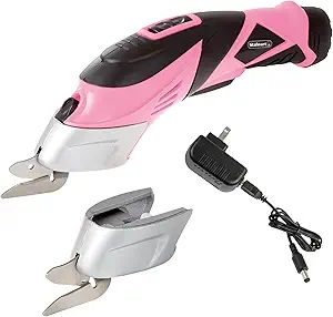 Cordless Electric Scissors with Two Blades – Fabric, Leather, Carpet, Cardboard, Box Cutter – 3.6V Lithium-Ion Rechargeable Battery by Stalwart (Pink)