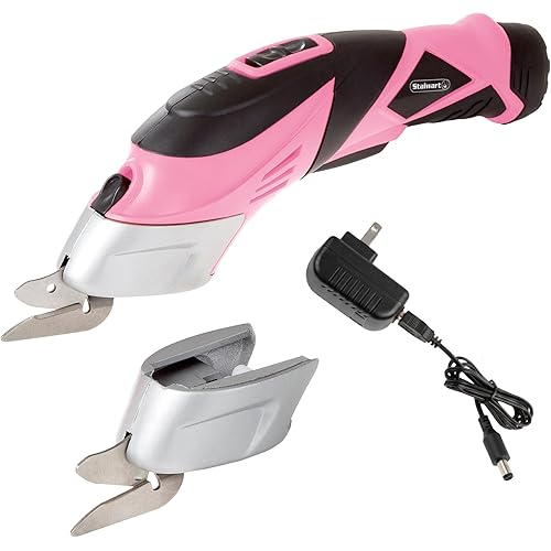 Cordless Electric Scissors with Two Blades – Fabric, Leather, Carpet, Cardboard and Box Cutter – 3.6V Lithium-Ion Rechargeable Battery by Stalwart (Pink)