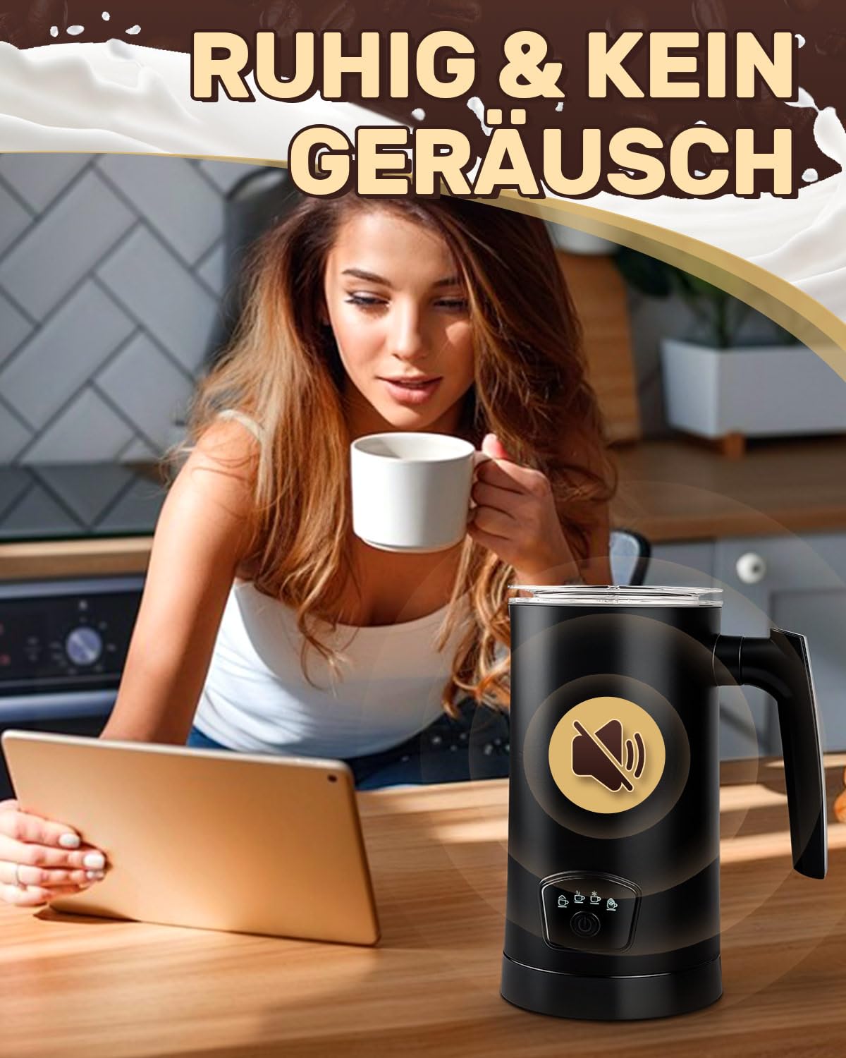 Milchaufschäumer Elektrisch 4-in-1, 400W Elektrische Milchaufschäumer für Heißer und Kalter Milchschaum, Stumm Edelstahl Milcherwärmer mit automatischer Abschaltung, für heiße Schokolade, Cappuccino