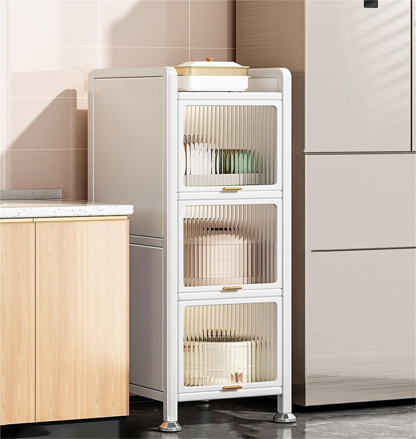 Multi-Layered Storage Cabinet Freestanding Narrow Tall Sideboard Shelf with Transparent Flap Door Design and Wheels Pull Out Cabinet Organizer for Small Space Kitchen,Living Room
