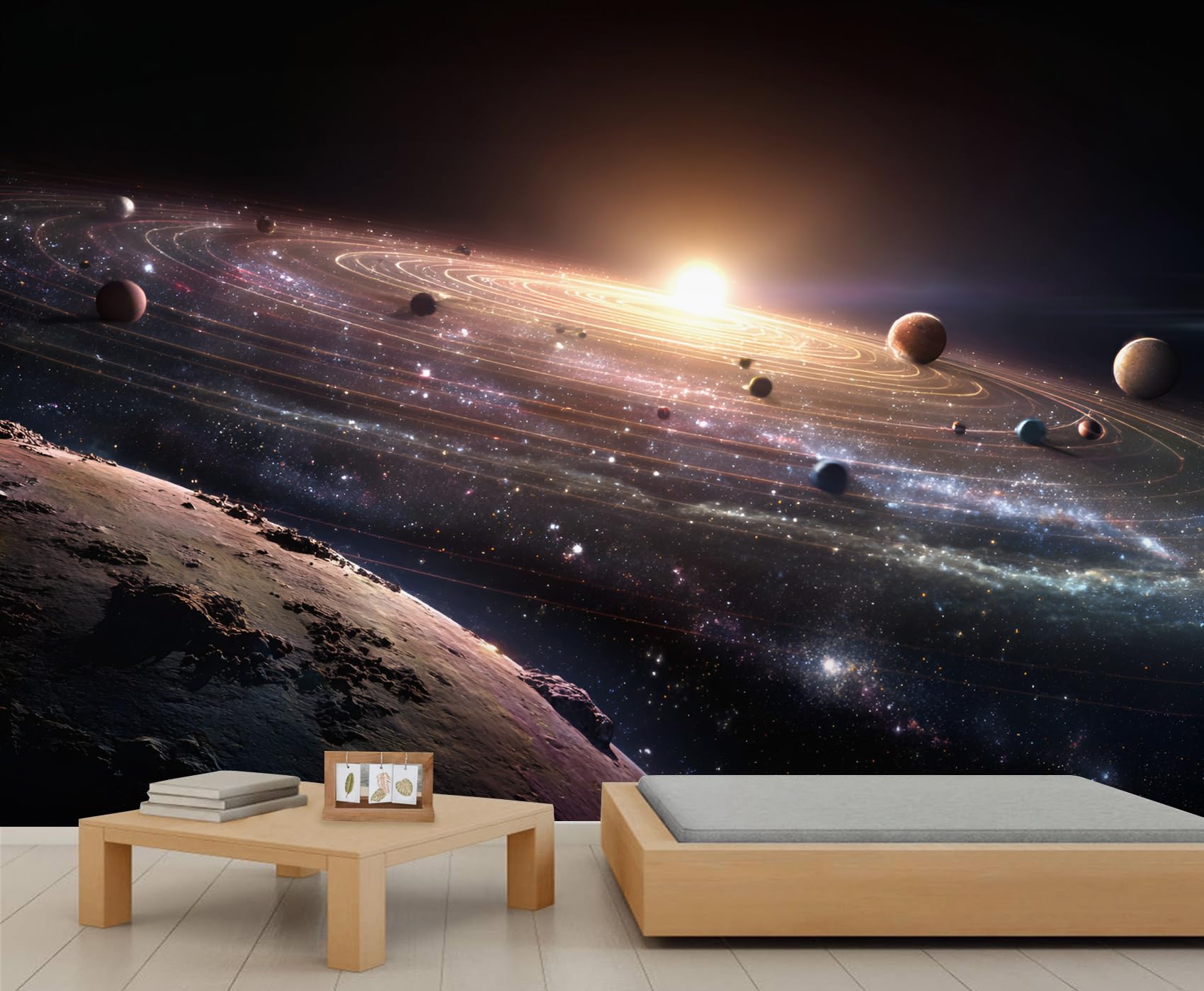 Solar System Wall Mural Sci-Fi Cosmic Planets Wallpaper Planetary Orbits Mural Cosmic Nebula Fantasy Galaxy Starry Sky Murals for Living Room Bedroom 450 x 305 cm