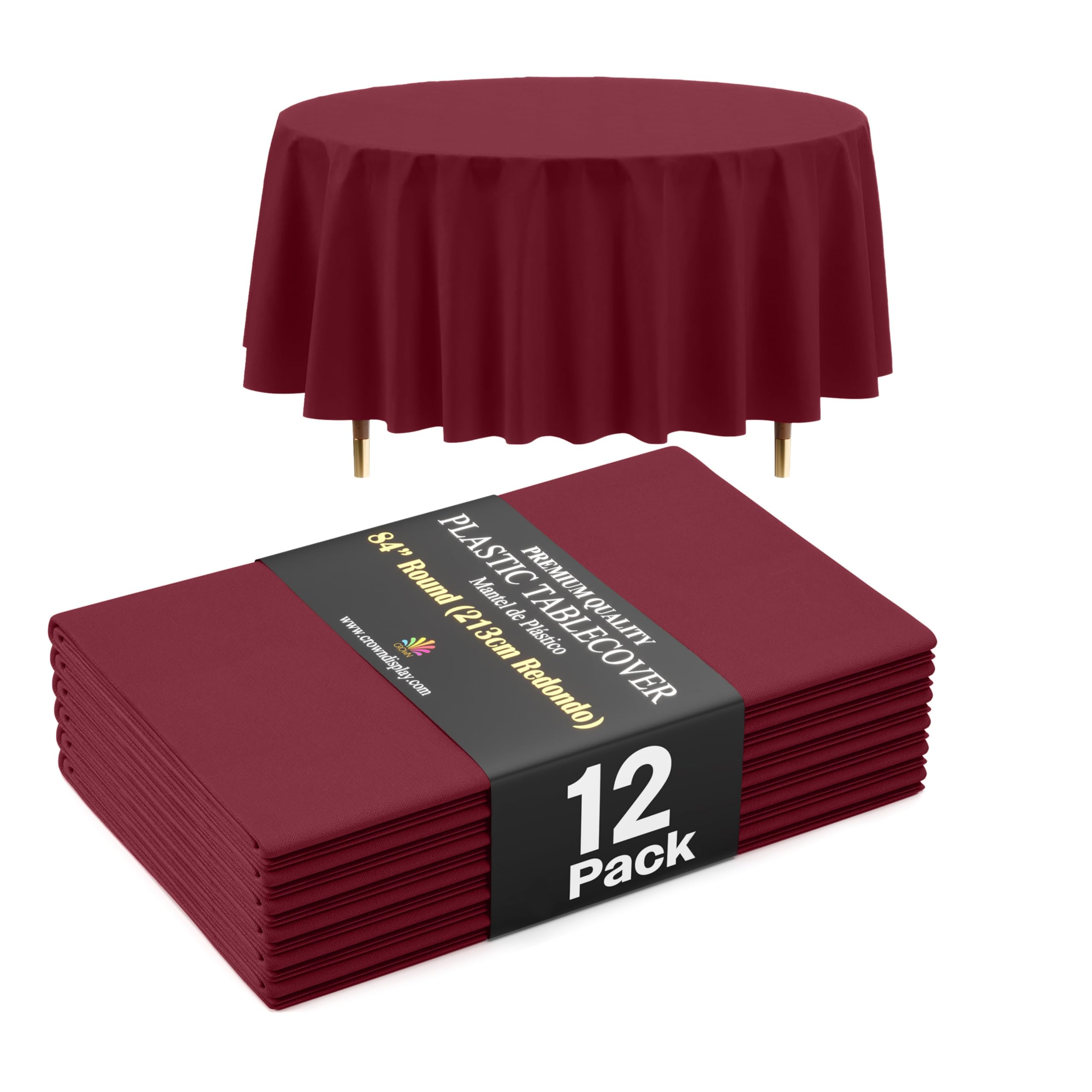 Exquisite 66% Thicker Premium Burgundy Round Tablecloth 0.5 Mil 12 Pack Plastic Table Cloth Disposable 84 Inch Round Plastic Tablecloth Won't Tear Easily Like Cheap Thin Brands