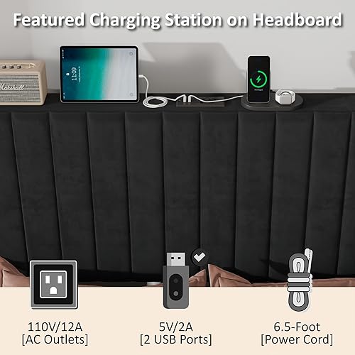 Miniatura 11 de Base de cama tamaño Queen con cabecera tapizada de terciopelo con estación de carga, soporte de listones de madera, base de colchón, somier