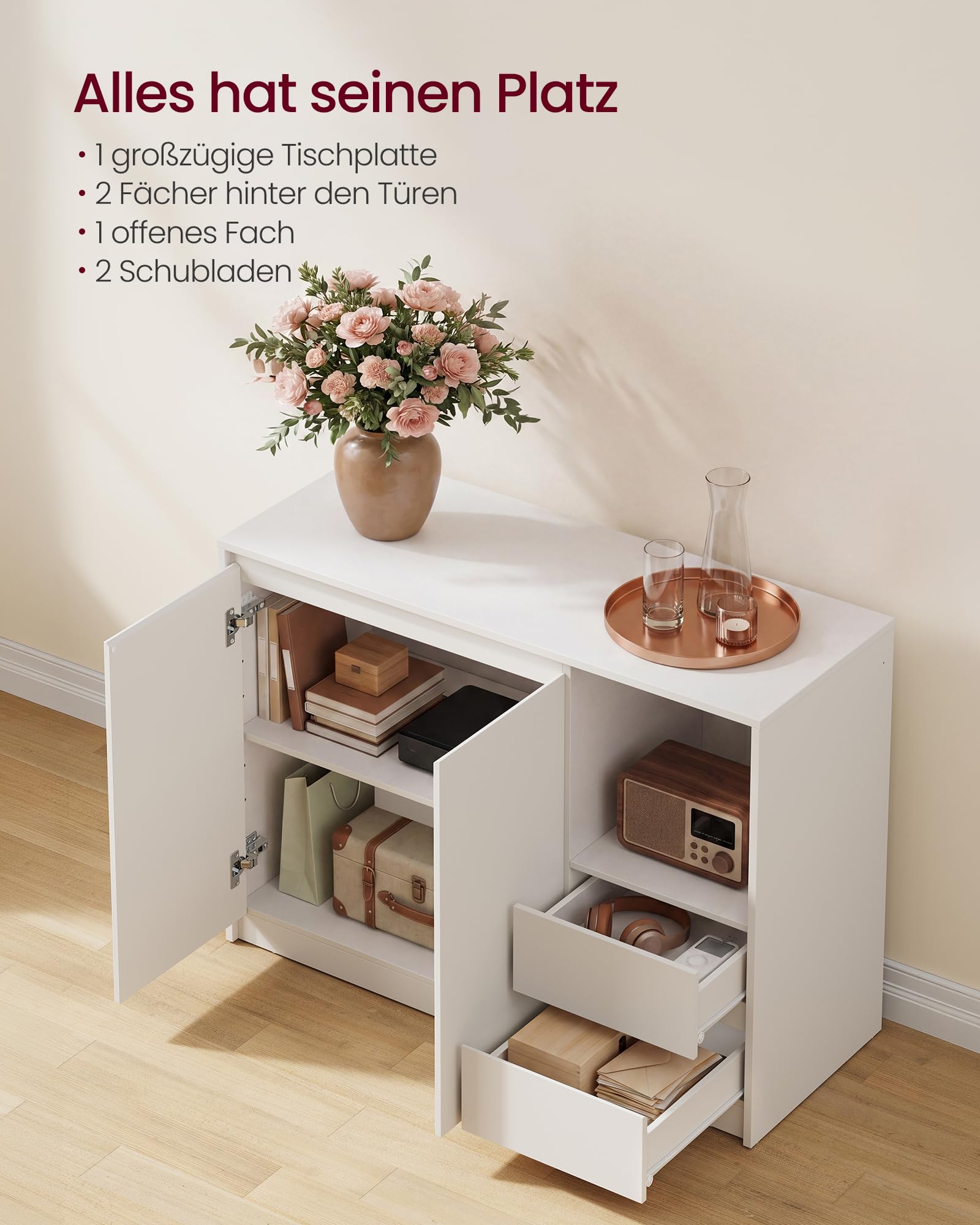 VASAGLE Aufbewahrungsschrank, Sideboard, Küchenschrank mit Türen, höhenverstellbare Ablagen, 3 Schubladen, modern, 40 x 103,3 x 74 cm, für Wohnzimmer Küche Arbeitszimmer, weiß-grau BBK273W21