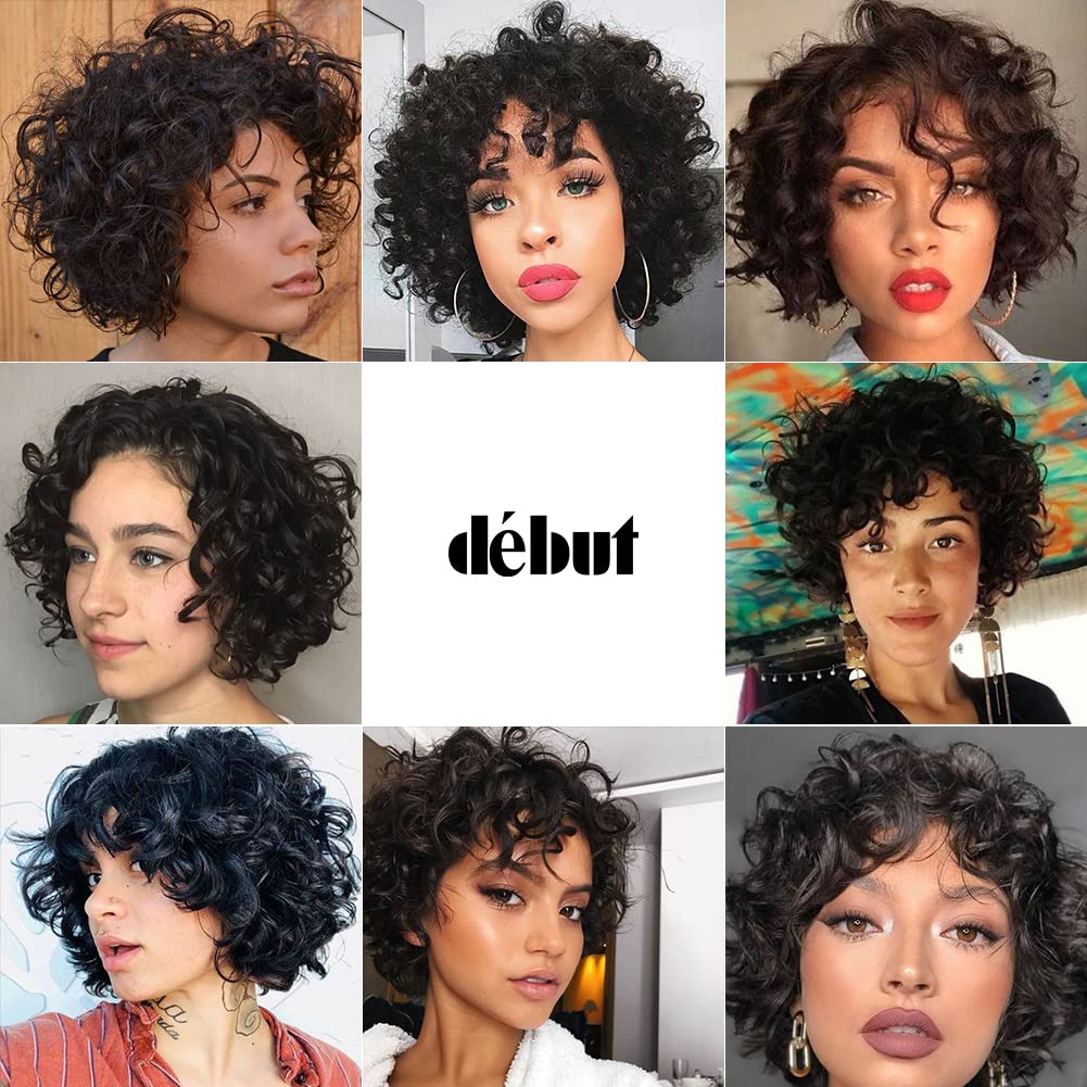 Kurze Bob Perücke mit Air Bangs Kurze lockige gewellte Echthaar Bob Perücke für Damen 25 cm 120g 130% Dichte (25 cm, Naturschwarz)