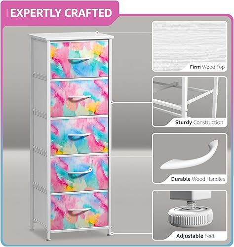 Miniatura 4 de Sorbus Cómoda para niños con 5 cajones, organizador de cofre de almacenamiento, mesita de noche, marco de acero, parte superior de madera,