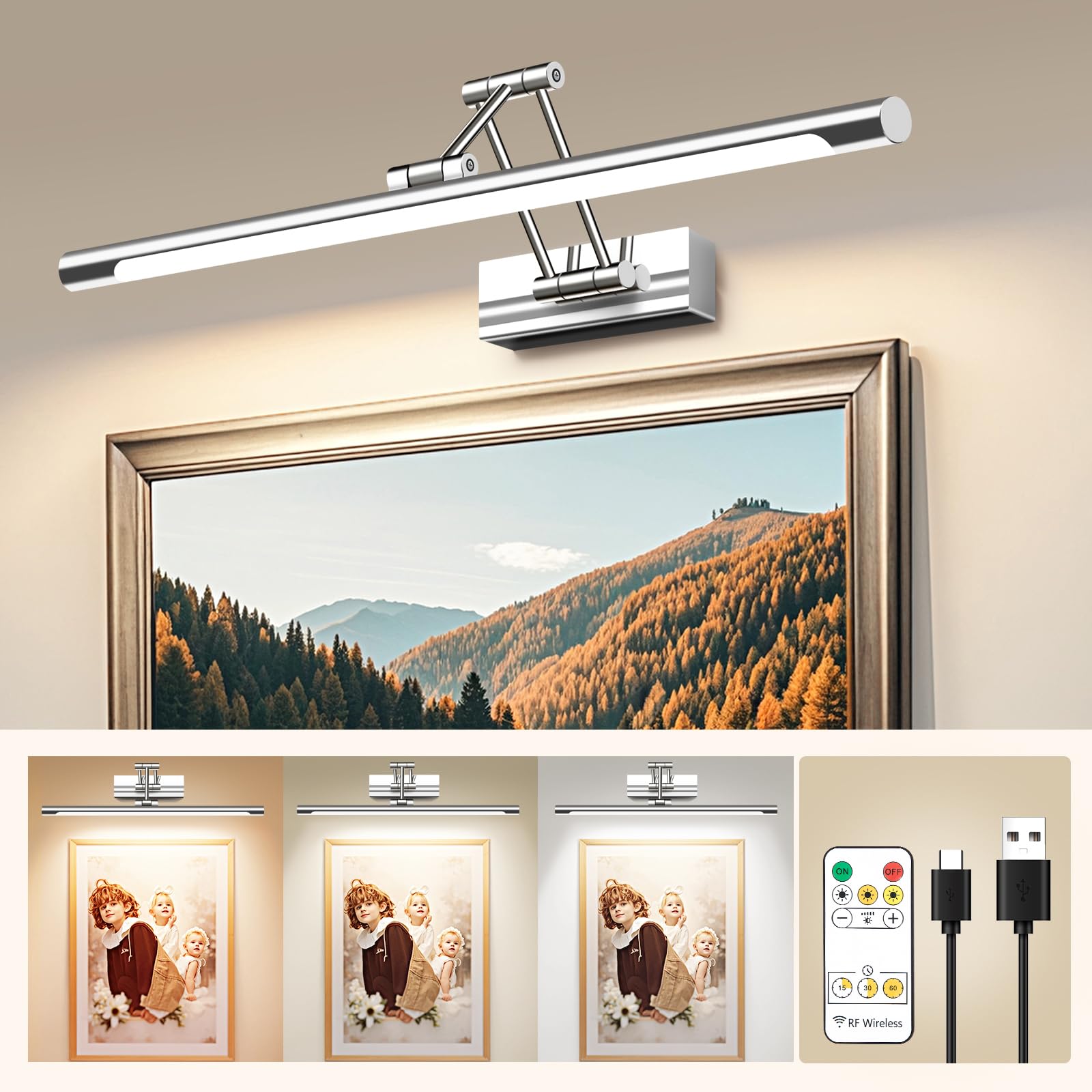 Silvery Picture Light Natural Light Spectrum CRI 97+ with Remote Control, 16 Inches, Battery Operated, 3000-6000K, Cordless Art Wall Sconce