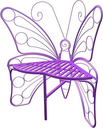 Miniatura 3 de Banco de exterior en forma de mariposa, banco de jardín morado con marco de metal estable y resistente, silla de metal para exteriores, banco
