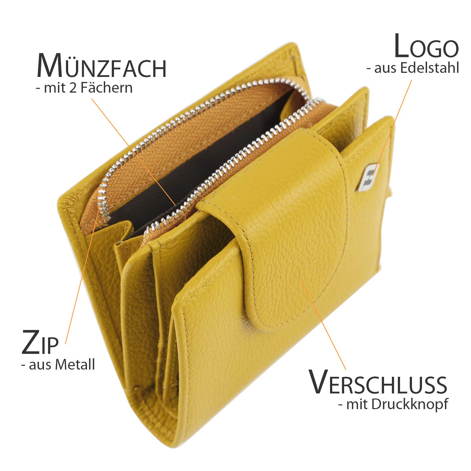 Rfid Geldbörse Damen mittelgroß, Leder, gelb, Reißverschluss, Portemonnaie, Geldbeutel, Portmonee, Damen-Geldbörsen Wallet For Women, Brieftasche, Wiener Schachtel, Geldtasche, Portmonaise