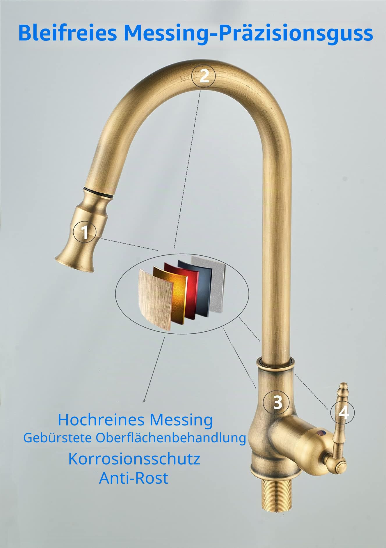 Retro Küchenarmatur Ausziehbar Messing Antik Hohe 360° Schwenkbar | Vintage Mischbatterie Küche Spültischarmatur mit hohem Bogenauslauf, Kalt- und Warmwasser, für Küchenspüle Doppelspüle