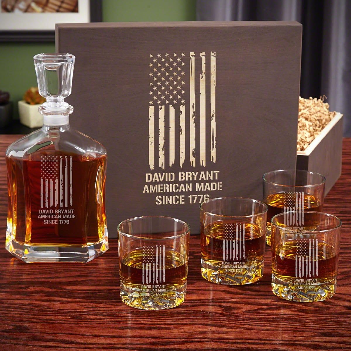 Personalized Whiskey Decanter Set with Wooden Gift Box and Rocks Glasses - Engraved Liquor Decanter Set with US Flag Design