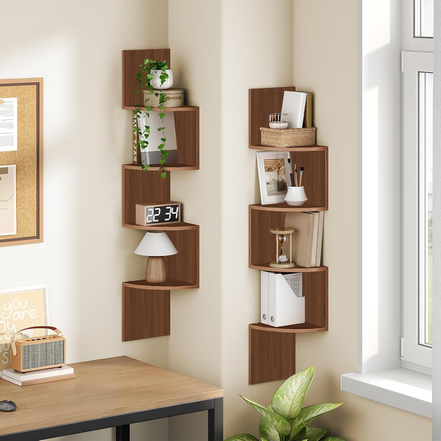 HOOBRO Corner Shelf Wall-Mounted and 2-Tier Floating Shelves Bundle, Wall Mounted Storage Shelves for Living Room, Bedroom, Bathroom WL25BJP201-WH32BJ01 image 2