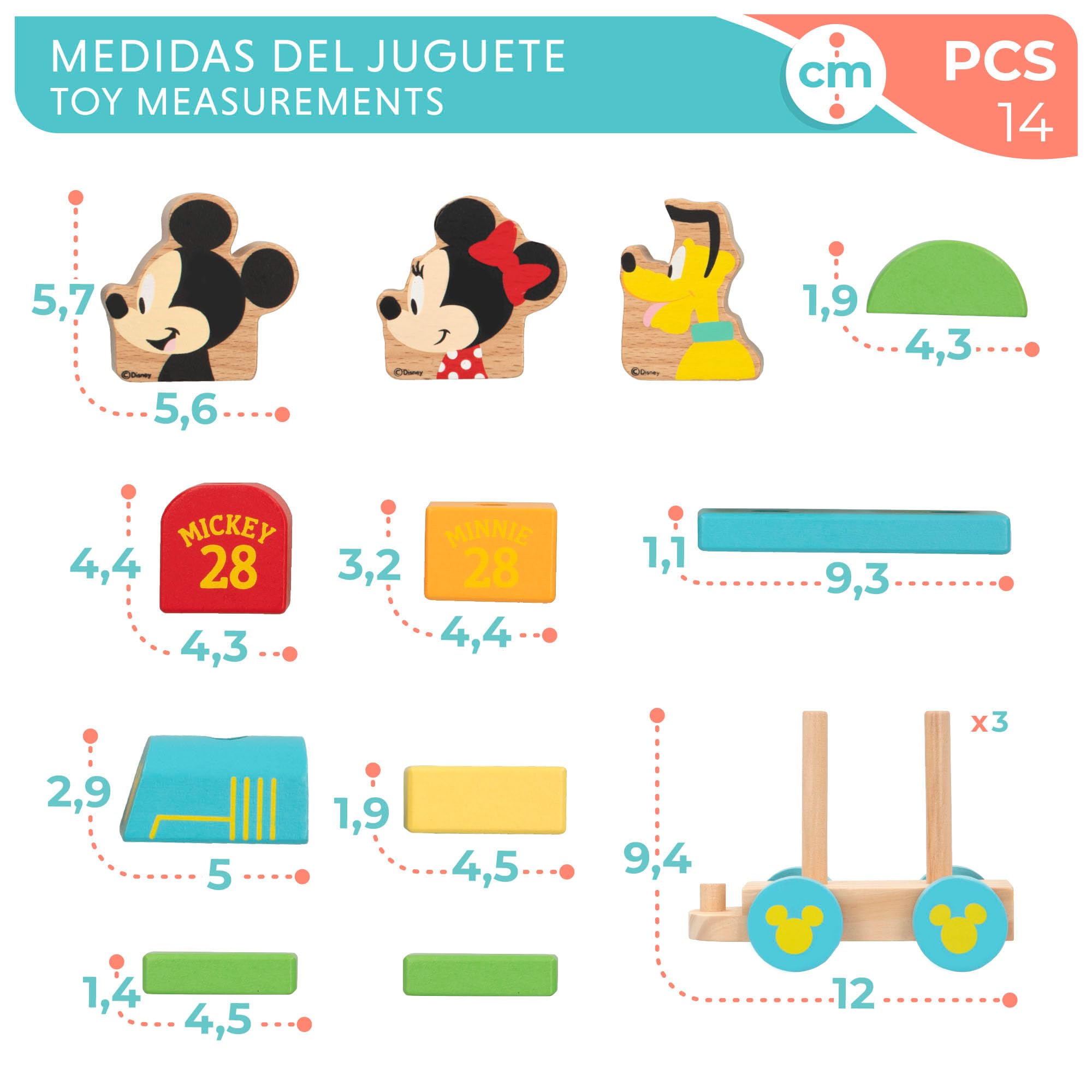 WOOMAX Disney Mickey Mouse, Juguete Tren Madera, Formas Encajables, Juguetes Niños 2 Años, Bebe 18 Meses, Educativos, Preescolar, Infantil, 48702